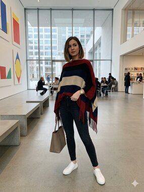 Lava Accessories Women's OS Knit Color Block Stripe Metallic Thread Poncho Shawl